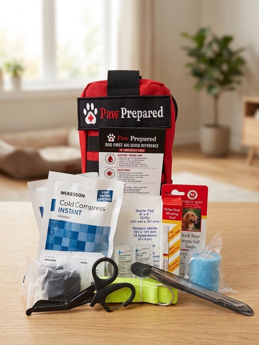 Paw Prepared kit contents laid out — cold compresses, gauze pads, styptic gel swabs, medical scissors, tick remover, bandage wrap, and slip leash