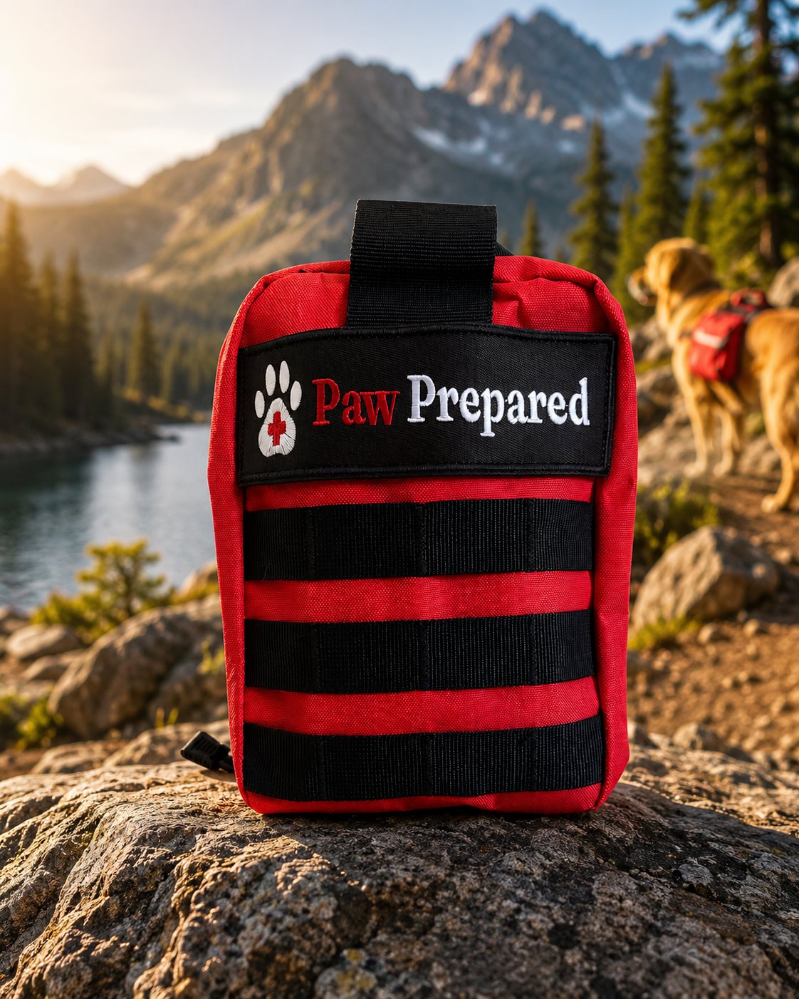 Paw Prepared first aid kit on a mountain trail with a dog in the background
